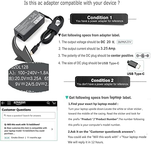 65W USB C Laptop Charger Replacement for Lenovo Thinkpad/Yoga/Chromebook, ADLX65YDC2A Lenovo Laptop Charger