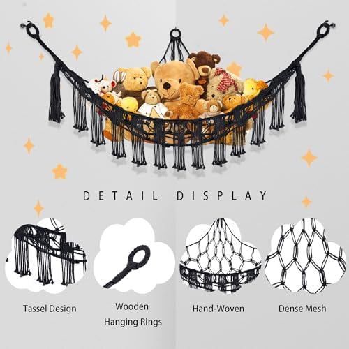 Stuffed Animal Hammock with LED Light, 2 Pack Toy Hammock for Stuffed Animals Storage for Kids, Stuffed Animal Hammock Corner, Black