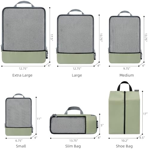 BAGAIL 4 Set/6 Set/8 Set Compression Packing Cubes Travel Accessories Expandable Packing Organizers (Half Mesh, 6-Matcha Green)