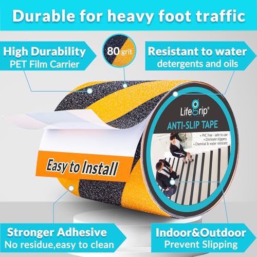 LifeGrip Anti Slip Traction Tape, 6 Inch x 30 Foot, Best Grip, Friction, Abrasive Adhesive for Stairs, Tread Step, Indoor, Outdoor, Caution Yellow/Black