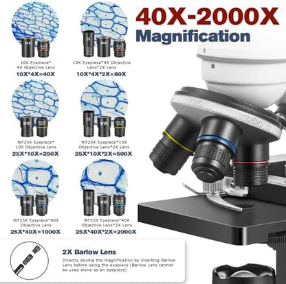 Microscope for Adults Kids Students, 40X-2000X Microscope for Beginners, Biological Microscope Kit with Phone Holder, 10pcs Specimen Slides, 20 Pcs Slides & 100pcs Coverslips, Storage Bag