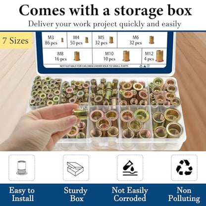 Metric Rivet Nut Assortment Kit(230 Pcs), M3 M4 M5 M6 M8 M10 M12 Flat Head Rivnut Set,Zinc Plated Finish Carbon Steel Nutsert