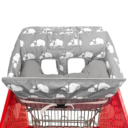 Soft Pillow Attached 2-in-1 Shopping Cart and High Chair Cover for Baby, Cotton Padded Cart Cover, Fold'n Roll Style, Portable with Carry Bag (Gray Elephant)