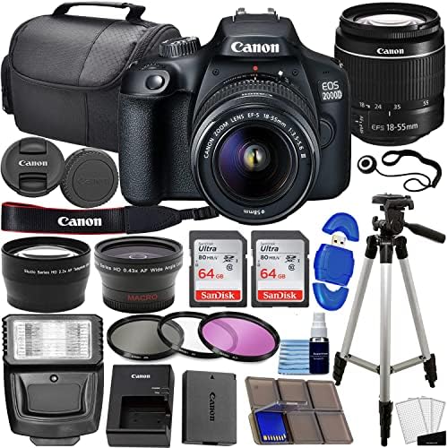 Canon EOS 2000D / Rebel T7 DSLR Camera w/EF-S 18-55mm f/3.5-5.6 Lens 3 Lens Kit: 128GB Memory + Wide Angle + Telephoto + Flash