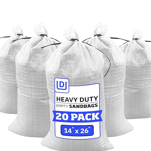 DURASACK Heavy Duty Sand Bags with Tie Strings Empty Woven Polypropylene Sand-Bags for Flood Control with 1600 Hours of UV Protection, 50 lbs Capacity, 14x26 inches, White, Pack of 20