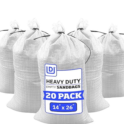 DURASACK Heavy Duty Sand Bags with Tie Strings Empty Woven Polypropylene Sand-Bags for Flood Control with 1600 Hours of UV Protection, 50 lbs Capacity, 14x26 inches, White, Pack of 20