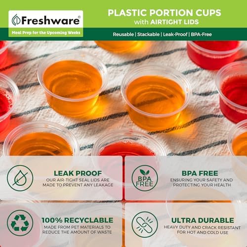 Freshware Plastic Portion Cups with Lids [2 Ounce, 400 Set] Disposable Plastic Cups for Meal Prep, Salad Dressing, Jellos Shot Cups, Souffle Cups, Condiment and Dipping Sauce Cups