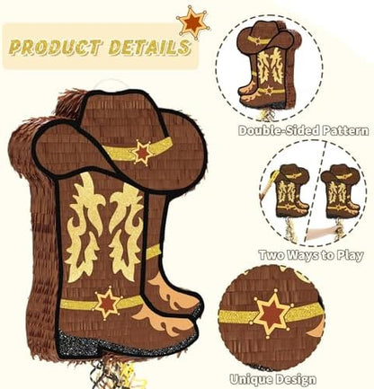 WERNNSAI Western Cowgirl Boot Piñata - Cowboy Hat Pinata Game Western World Theme Party Decorations for Adults Kids Birthday Farm Horse Rodeo Party Supplies with Bat Blindfold