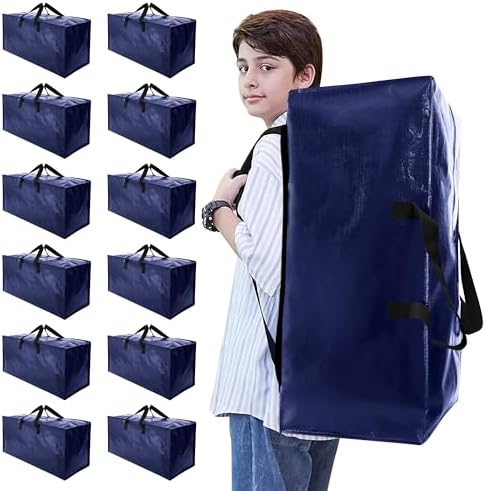 Heavy Duty Moving Bags with Backpack Straps and Strong Handles, Alternative to Moving Boxes and Storage Totes for Dorm Room Essentials, 12 Pack, Blue
