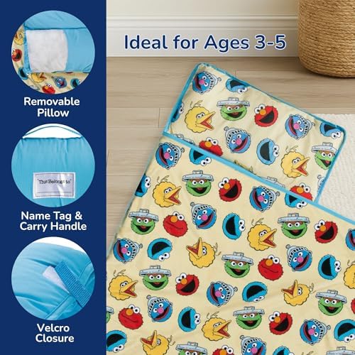 Jay Franco Toddler Nap Mat with Built-in Pillow and Blanket - Soft 46 x 20-inch Microfiber Kids Sleeping Bag for School or Sleepover, Yellow - Sesame Street