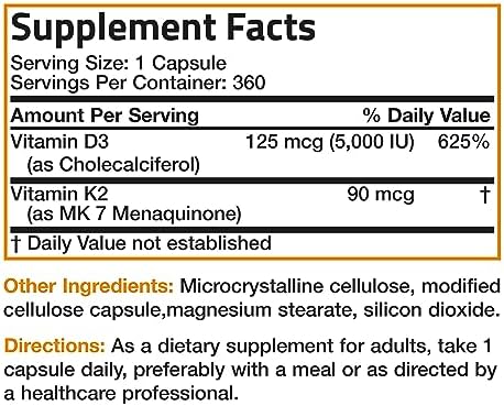 Bronson Vitamin K2 (MK7) with D3 Supplement Non-GMO Formula 5000 IU Vitamin D3 & 90 mcg K2 MK-7 Easy to Swallow D & K Complex, 360 Capsules