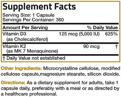 Bronson Vitamin K2 (MK7) with D3 Supplement Non-GMO Formula 5000 IU Vitamin D3 & 90 mcg K2 MK-7 Easy to Swallow D & K Complex, 360 Capsules