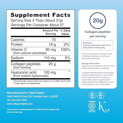 Vital Proteins Collagen Peptides Powder Advanced with Hyaluronic Acid & Vitamin C - 20oz Collagen Protein, Unflavored, 27 Servings