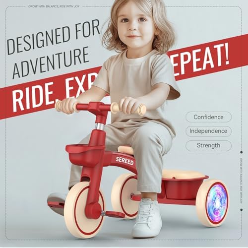 SEREED Colorful Lighting Toddler Tricycle for 2-5 Years Old Boys Girls, Adjustable Seat&Handlebar Trike, Removable Basket, Birthday Gift Idea for Kids Ages 2+ (Red)