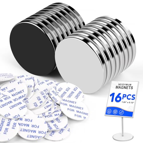 LOVIMAG Strong Magnets, Super Strong Round Magnets, 16Pack Magnets for Fridge, Magnets with Adhesive Backing for Office, Science,Whiteboard, DIY-1.26 inch x 1/8 inch (8 Black, 8 Silver)