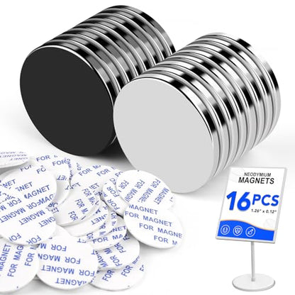 LOVIMAG Strong Magnets, Super Strong Round Magnets, 16Pack Magnets for Fridge, Magnets with Adhesive Backing for Office, Science,Whiteboard, DIY-1.26 inch x 1/8 inch (8 Black, 8 Silver)