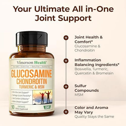 Glucosamine Chondroitin MSM and Turmeric Supplement - Joint Support Supplement for Women & Men with Boswellia & Glucosamine Sulfate 1500 mg. Used for Cartilage & Joint Health & Flexibility 90 Capsules