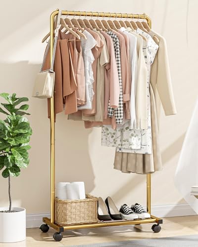 Clothes Rack - Clothing Rack with Storage Mesh Shelf & Casters, Heavy-Duty Metal Clothing Rack for Hanging Clothes, Dresses, Coats, Large Load Capacity, Easy Assembly, Gold, 28.0"x14.0"x59.0"