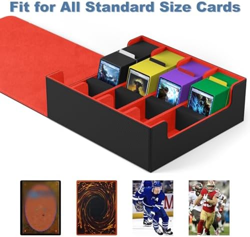 Mlikero Card Deck Case, 2400+ Trading Card Storage Box with 10 Colorful Dividers and 4 Foam Stoppers, Leather Magnetic Closure Commander Deck Box Fit for MTG, TCG (4 Rows, Black&Red)