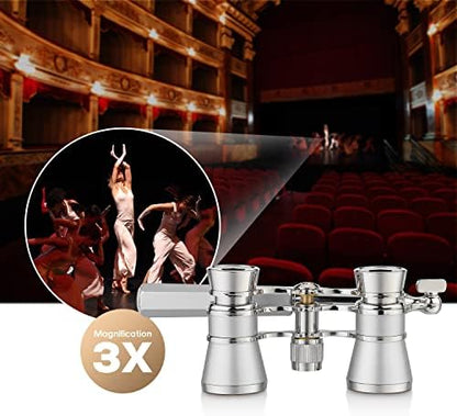 Aomekie Opera Glasses Binoculars 3X25 Lorgnette Theater Glasses Mini Binocular Compact with Handle for Adults Women in Musical Concert（Silver）