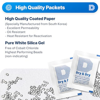 Dry & Dry Silica Gel Packets Silica Gel Desiccants - Rechargeable (Food Safe) Silica Gel Packs - White - 200 Packets (5 Gram)