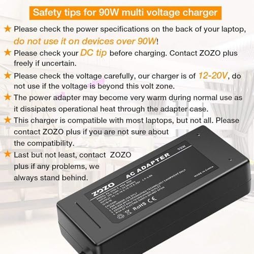 ZOZO Universal Laptop Charger 90W AC Adapter for HP Dell Gateway Toshiba Lenovo Acer ASUS Samsung Sony Ultrabook Chromebook DC Output 12V 16V 18.5V 19V 19.5V 20V Power Supply Cord with 17 tips