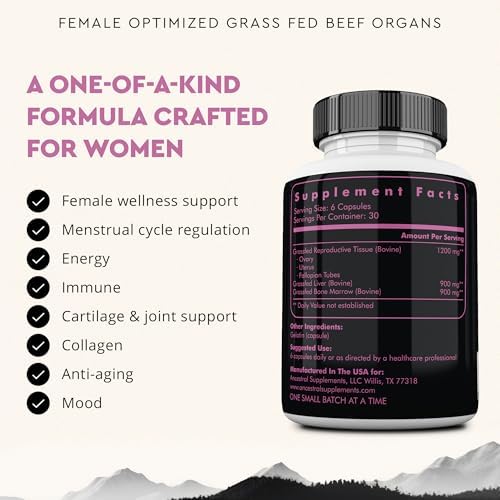 Beef Organ Supplement for Women – Supports Hormone Balance, Energy & Wellness – Grass Fed, Pasture Raised Superfood – Liver, Heart, Kidney, Bone Marrow – Collagen, CoQ10, B12 – Female Support Blend