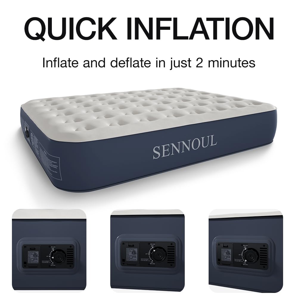 SENNOUL Air Mattress Queen with Built in Pump - Upgraded Blow Up Bed, 2 Mins Quick Self Inflatable, 13"/650lbs Max, Strong Support, All Night No Lost Air, for Camping,Home,Guests & Portable Travel