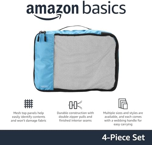 Amazon Basics Medium Packing Cubes for Travel, Packing Organizers, 4-Piece-Set With Double Zipper Pulls and Mesh Top Panel, 100% Durable Polyester, Sky Blue, 13.8"L x 9.8"W x 3"H