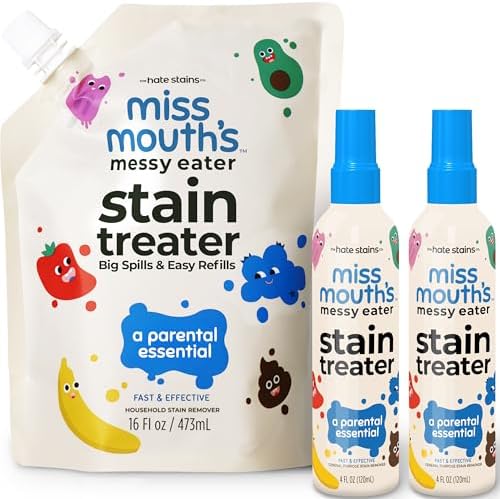 Miss Mouth’s Messy Eater Stain Treater Refill Ready Kit - 2 Pack Stain Remover Spray and 16oz Refill Pouch - Newborn & Baby Essentials - Food, Grease, Coffee Off Laundry, Underwear, Fabric