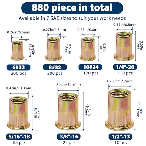 SAE Rivet Nut Assortment Kit(880 Pcs), #6-32#8-32#10-24 1/4"-20 5/16"-18 3/8"-16 1/2"-13 UNC Flat Head Rivnut Set, Zinc Plated Finish Carbon Steel Nutsert