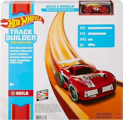 Hot Wheels Toy Car Mega Track Set Pack, 87 Component Building Parts for 40-ft of Track & 1:64 Scale Vehicle (Amazon Exclusive)