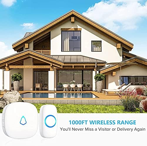 SECRUI Wireless Doorbell, Waterproof Door Bell Ringer Wireless 1000ft Range, 2 Remote Buttons Different Tones, 58 Chimes 5 Volume Levels LED Flash, Door Bells & Chimes for Home/Classroom/Office