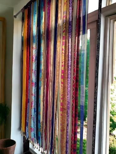 Mango Gifts Old Silk Sari Multicolor Ribbon Doorway Curtain Hippie Bohemian Room Divider Light-Filtering Boho Curtains Rod Pocket Window Drape for Livingroom Bedroom 85 x 45 Inch