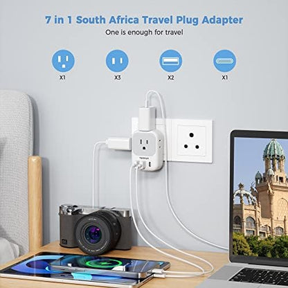 TESSAN South Africa Power Adapter, Type M Plug Adaptor with 4 American Outlets 3 USB Charger (1 USB C Port) for US to Bhutan Botswana Namibia Nepal