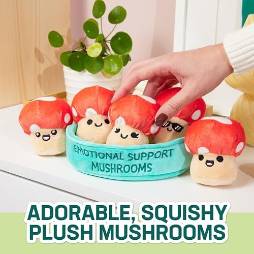 Emotional Support Mushrooms by Relatable, Cuddly Stuffed Animals and Toys, Squishy Toys and Plushies, Great Gift Ideas for Loved Ones of All Ages, Includes 5 Mushroom Plushies with Carrying Basket