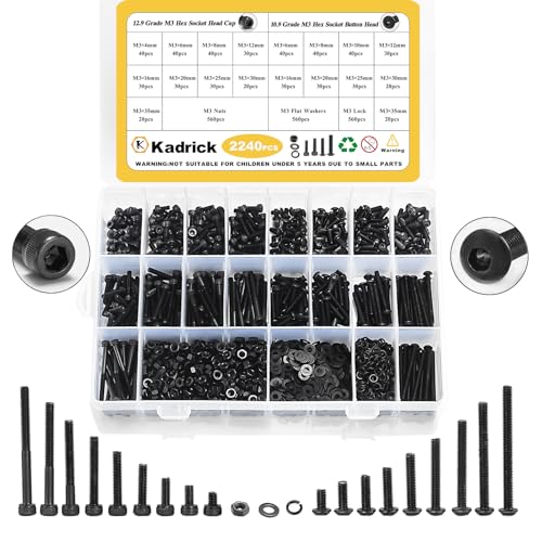 Kadrick Metric Screws Assortment,2240 Pcs M3 Screws Nuts Washers Assortment M3x4MM-35MM, Hex Socket Button & Cap Head M3 Machine Bolts Kit, 12.9 & 10.9 Grade Black Alloy Steel for 3D Printing