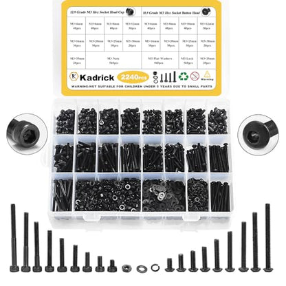 Kadrick Metric Screws Assortment,2240 Pcs M3 Screws Nuts Washers Assortment M3x4MM-35MM, Hex Socket Button & Cap Head M3 Machine Bolts Kit, 12.9 & 10.9 Grade Black Alloy Steel for 3D Printing