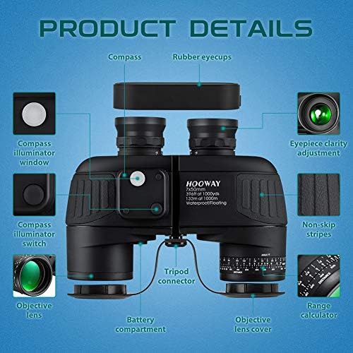 Waterproof Military 7x50 Marine Binoculars,Hooway Binoculars with w/Internal Rangefinder & Compass for Navigation,Boating(Black)