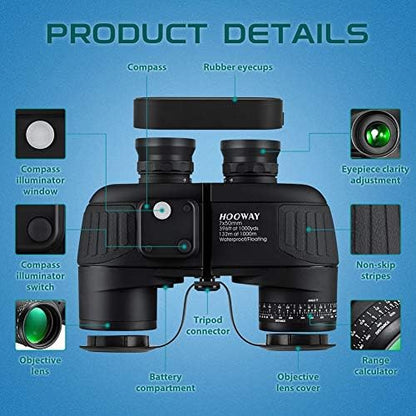 Waterproof Military 7x50 Marine Binoculars,Hooway Binoculars with w/Internal Rangefinder & Compass for Navigation,Boating(Black)