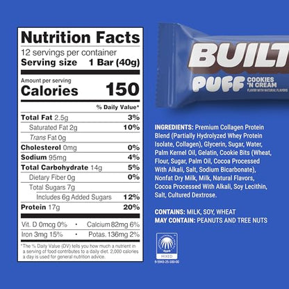 Built Bar, Puff Protein Bars, Cookies 'N Cream Puff, 17g Protein Snacks, On-The-Go Bars, Only 140 Calories, 7g Sugar, Collagen, Not Gluten Free, 12 Count