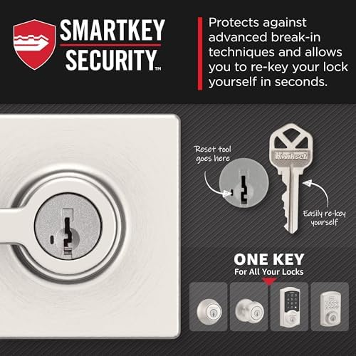 Kwikset Casey Entry Door Handle with Lock and Key, Secure Keyed Reversible Lever Exterior, For Front Entrance and Bedrooms, Satin Nickel , Pick Resistant Smartkey Rekey Security and Microban