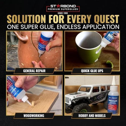 Starbond 4 oz. Medium CA Glue (Premium Cyanoacrylate Super Glue) with Extra Cap and Microtips for Quick Fixes, Woodworking, Woodturning, Hobby Models