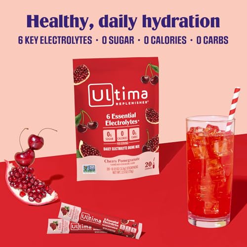 Ultima Replenisher Daily Electrolyte Powder Drink Mix – Sugar Free – Cherry Pomegranate, 20 Stickpacks – Hydration Packets with 6 Electrolytes and Minerals – Keto Friendly, Vegan, Non-GMO