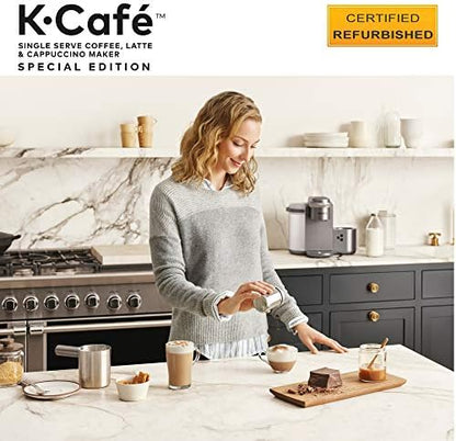 Keurig K-Cafe Special Edition Coffee Maker, Single Serve K-Cup Pod Coffee, Latte and Cappuccino Maker, Comes with Dishwasher Safe Milk Frother, Coffee Shot Capability, Nickel (Renewed)