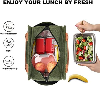 Joymee Lunch Bag Women Insulated Lunch Box Reusable Leakproof Large Spacious Cooler Tote for Womens Mens Adults with Bottle Holder and Side Pockets for Work Office Travel Picnic - Green