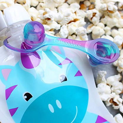 ChooMee SoftSip Food Pouch Top | Baby Led Weaning | No Spill Flow Control Valve, Protects Childs Mouth, 100% Silicone, BPA Free | Swirl Colors, 4 CT