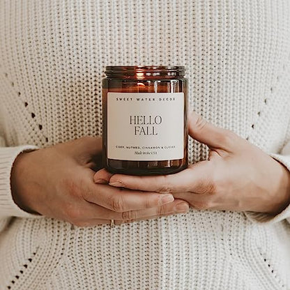 Sweet Water Decor Hello Fall Soy Candles - Fall Candle with Hot Cider, Cinnamon, Cloves, and Nutmeg Scent for Home - Soy Candle with 40 Hours Burn Time - 9Oz Black Lid Amber Jar Candles Fall Scents