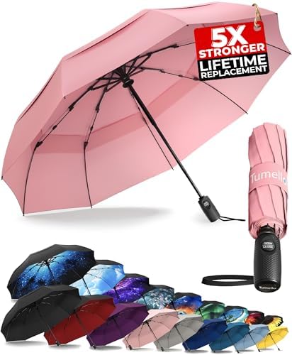 TUMELLA Strongest Windproof Travel Umbrella (Compact, Superior & Beautiful), Small Strong but Light Portable and Automatic Folding Rain Umbrella, Durable Premium Grip, Fits Car & Backpack