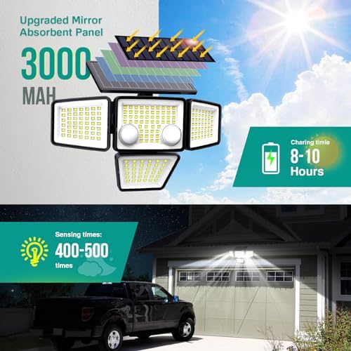 Solar Outdoor Lights - 3000LM 188 LED Motion Sensor Outdoor Lights, 4 Heads Security Light,IP65 Waterproof, Easy Install,270°Wide Angle Flood Wall Light with 3 Modes for Backyard Yard (2 Pack)
